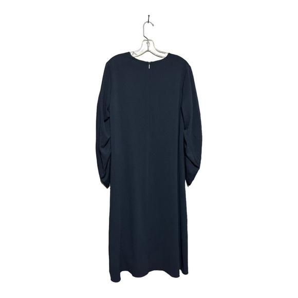 Tibi Ruched Convertible Bell Sleeve Cinched Stretch Crepe Midi Dress Navy Blue 8 - Picture 4 of 11